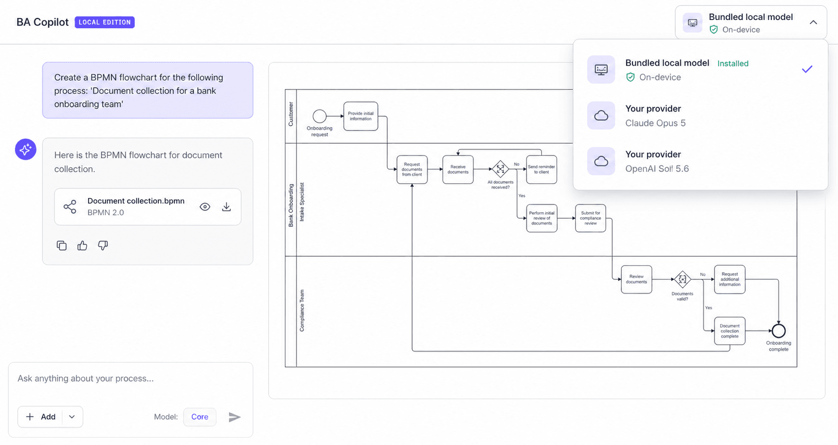 BA Copilot Local model selector with an installed bundled local model and provider choices for Claude Opus 5 and OpenAI Sol 5.6