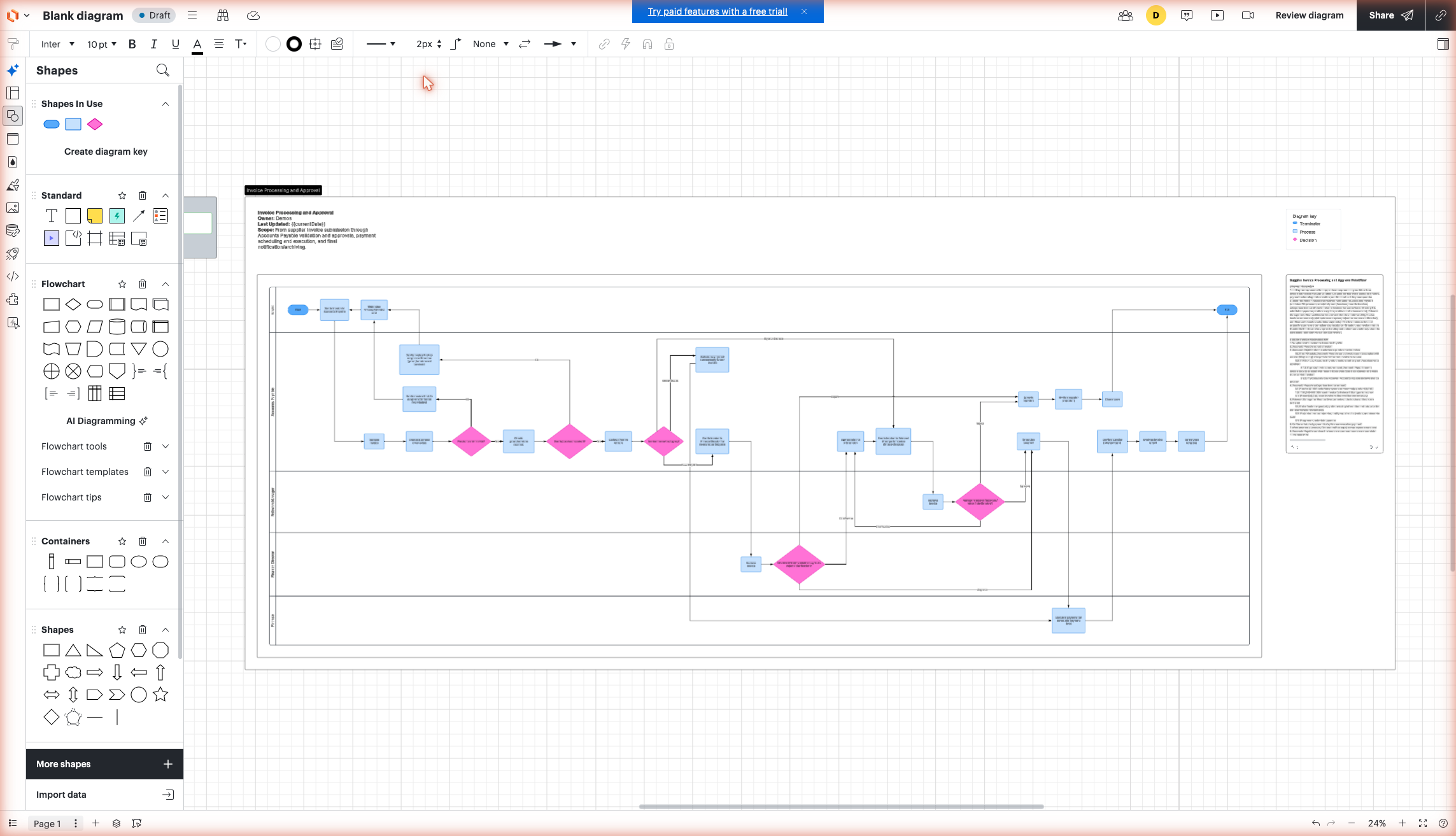 Lucidchart prompt C: swimlane process map with documentation header for invoice approval