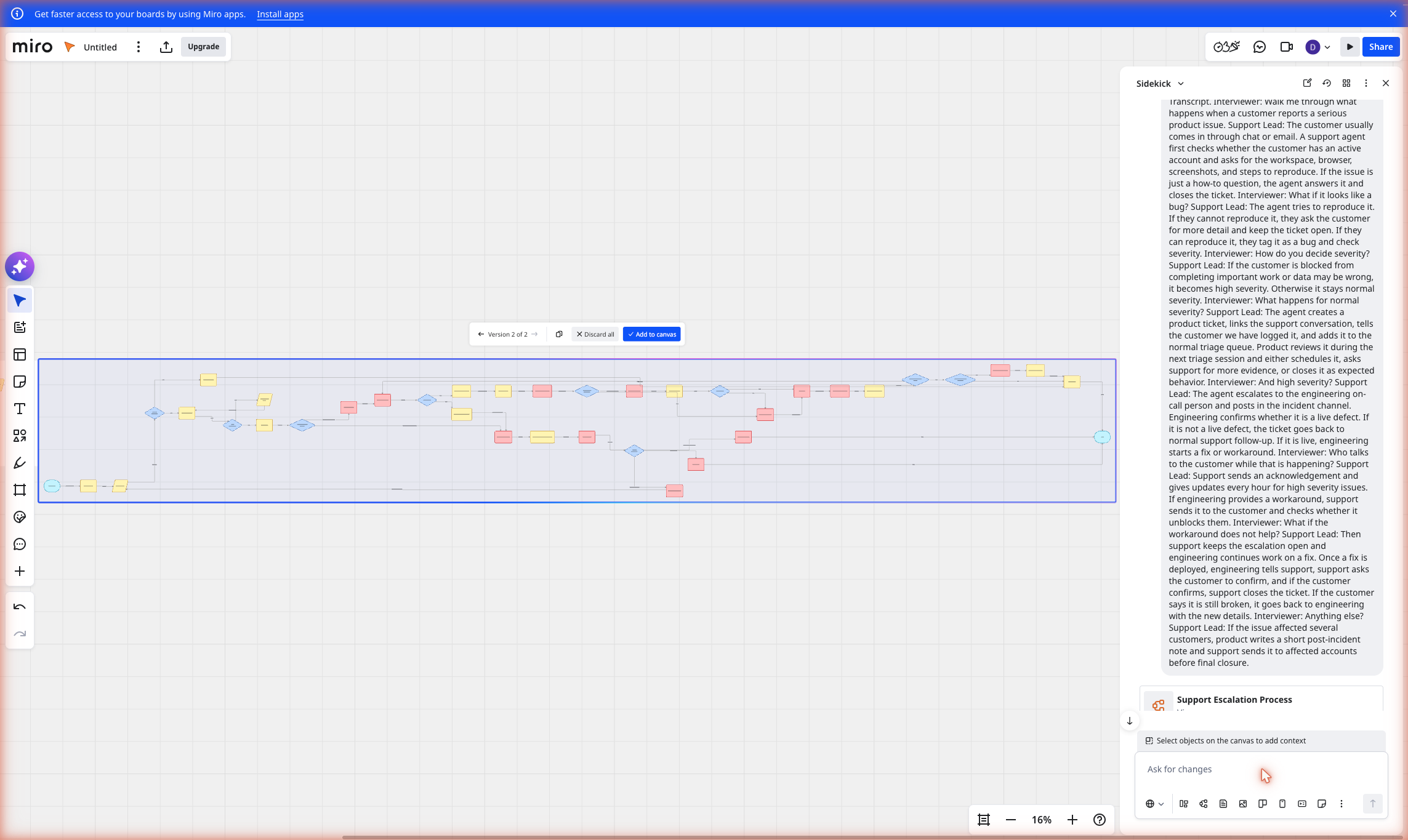 Miro prompt B: large branching flowchart for the support escalation transcript