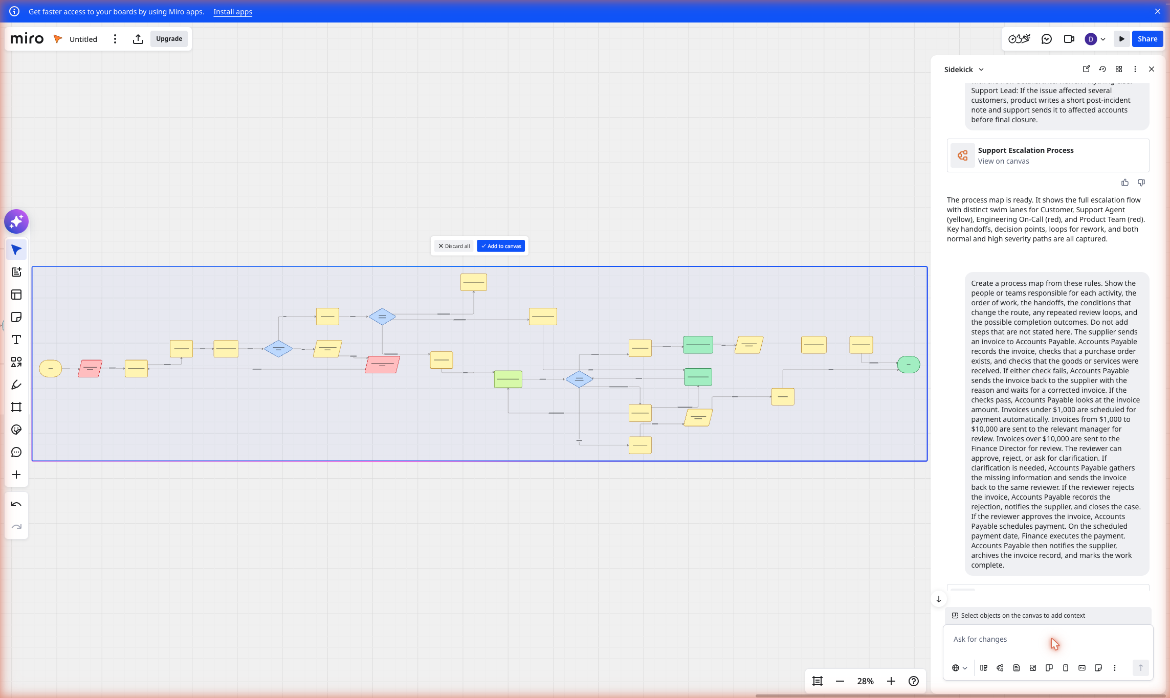 Miro prompt C: invoice payment process flowchart with amount routing and review loops