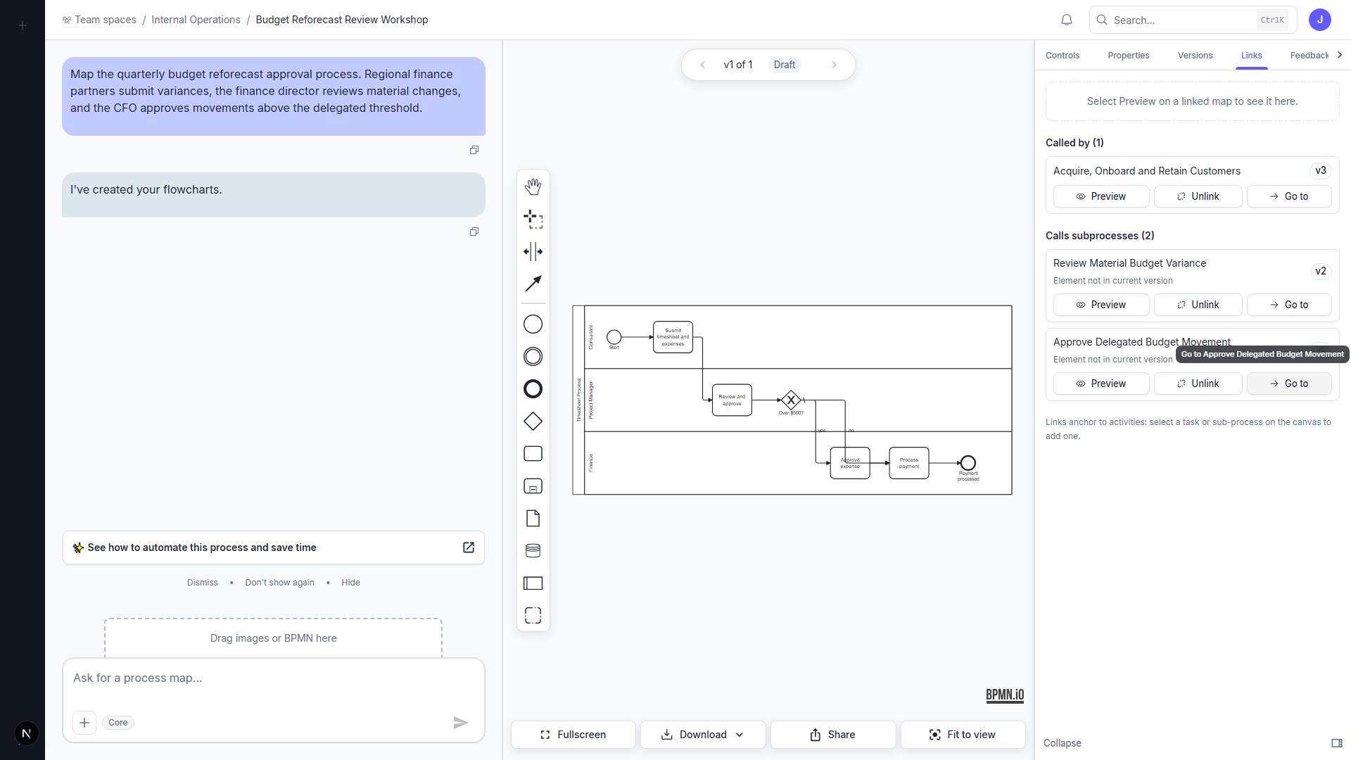 Linked subprocess maps in the Links sidebar