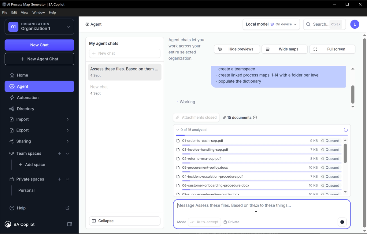 An Agent chat with the 15 documents attached and the one-line prompt