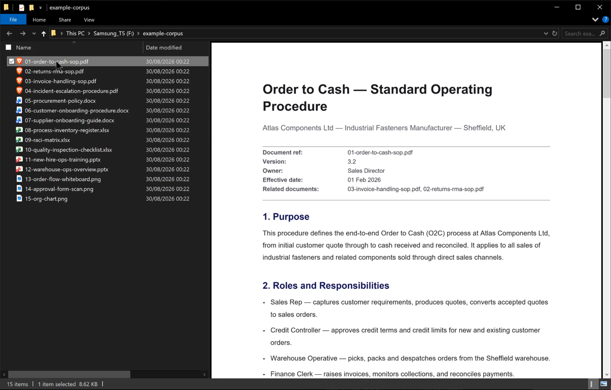 A folder of 15 operating documents with the Order to Cash standard operating procedure open